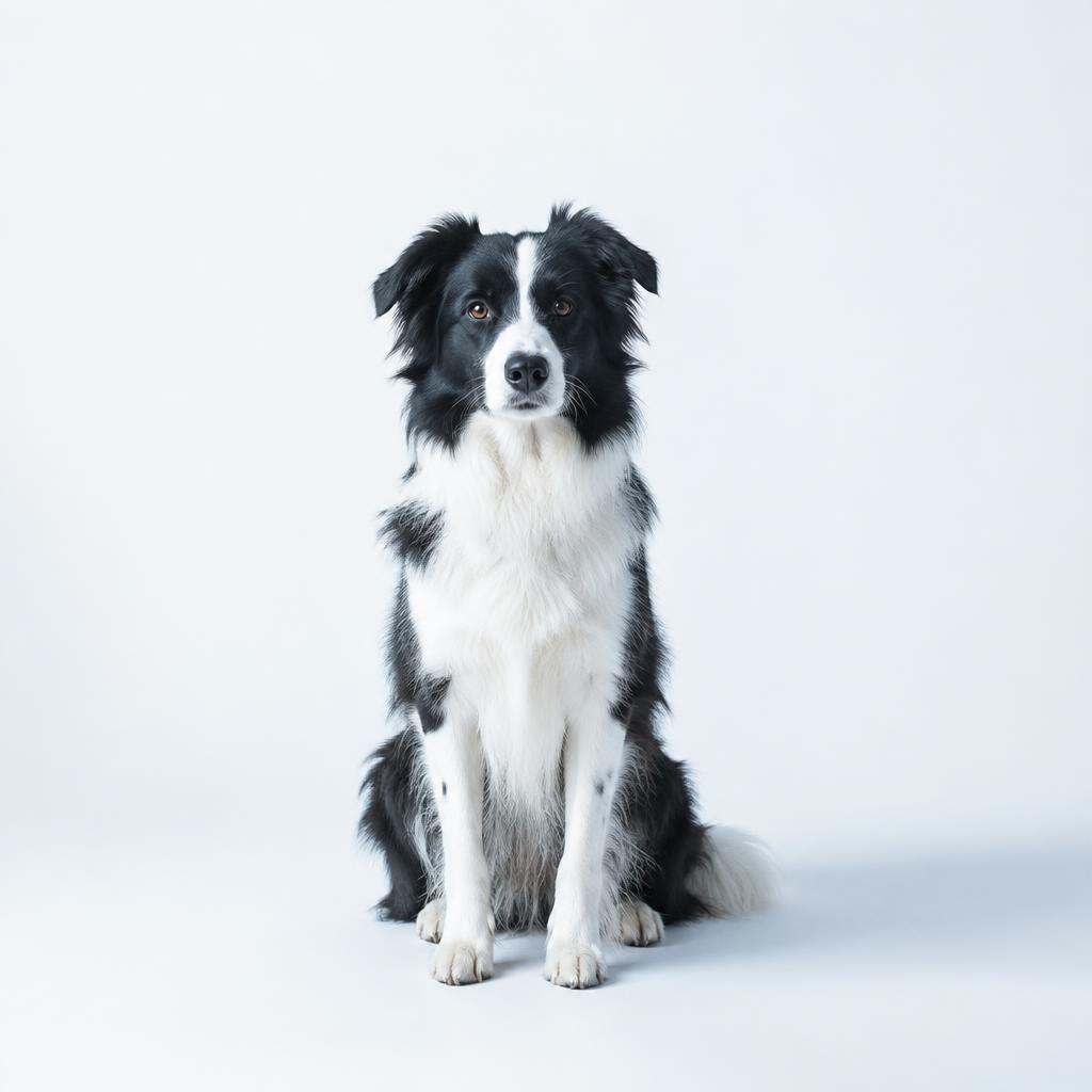 Cão preto e branco sentado em fundo claro