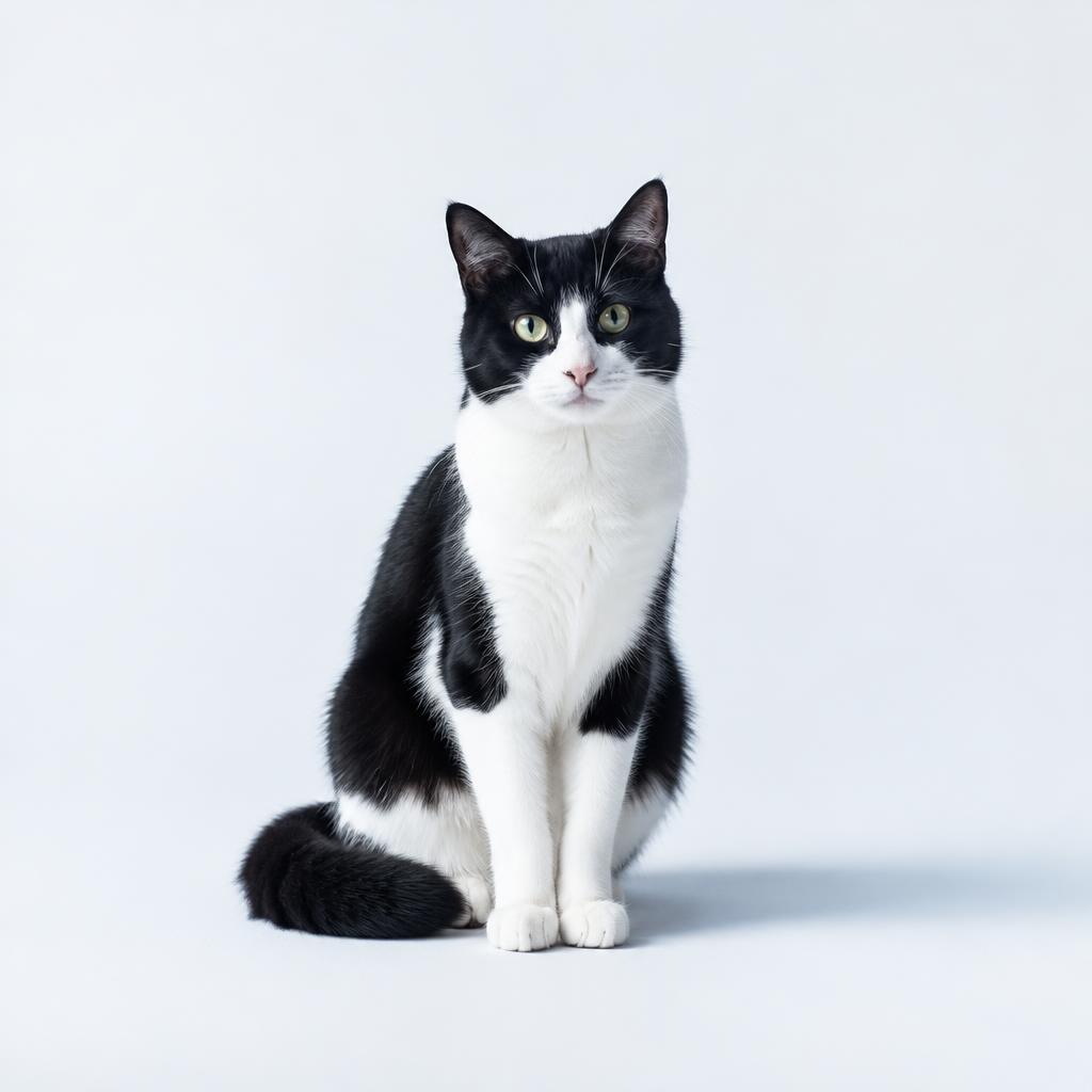 Gato preto e branco sentado em fundo claro